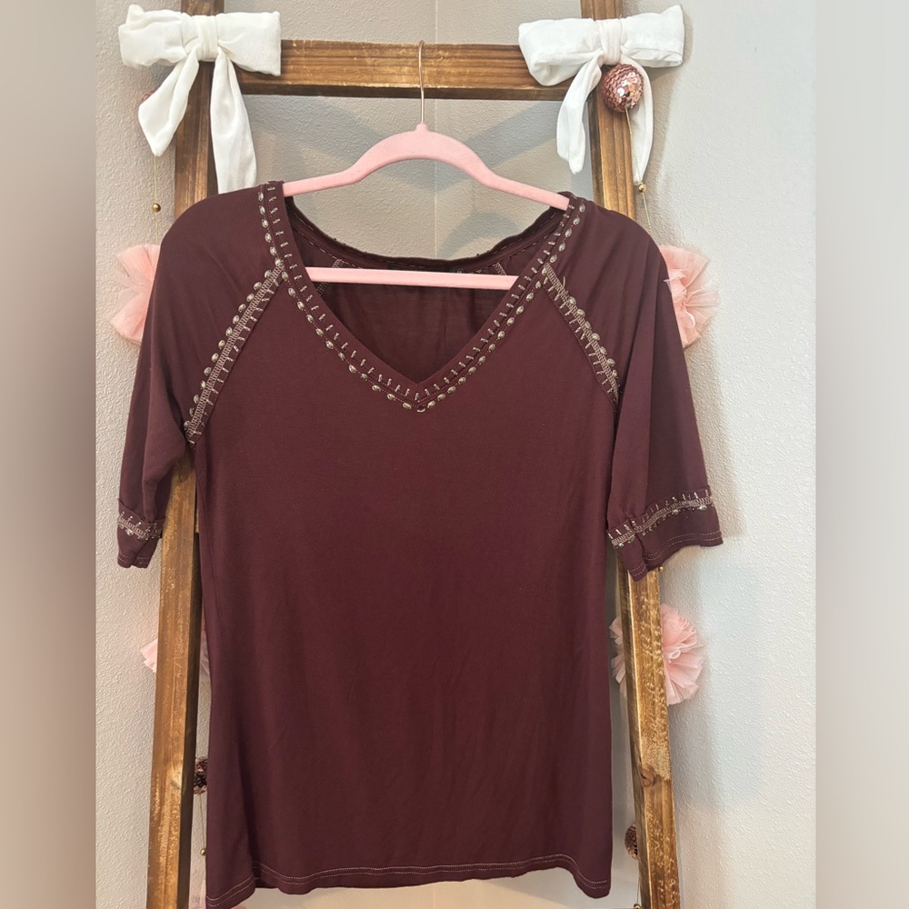 BKE Boutique Embellished Western Boho Country V-Neck 3/4 Sleeve Top M - Picture 5 of 8